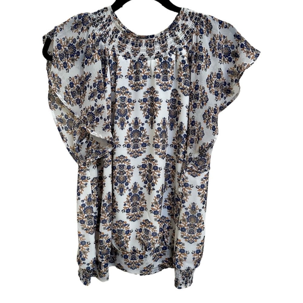 Express Floral Paisley Sleeveless Blouse with Pleated Neckline